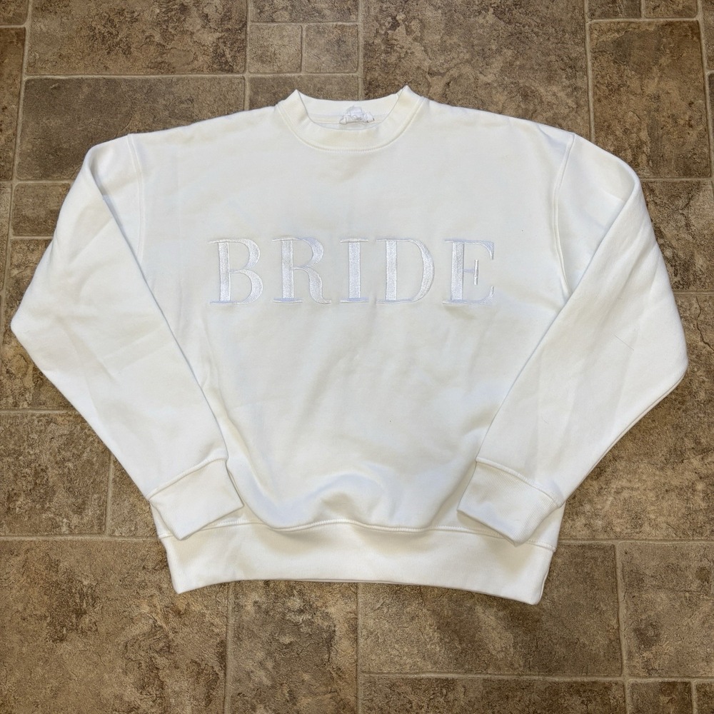 Six Stories BRIDE Crewneck Sweatshirt Small White Embroidered Wedding Casual